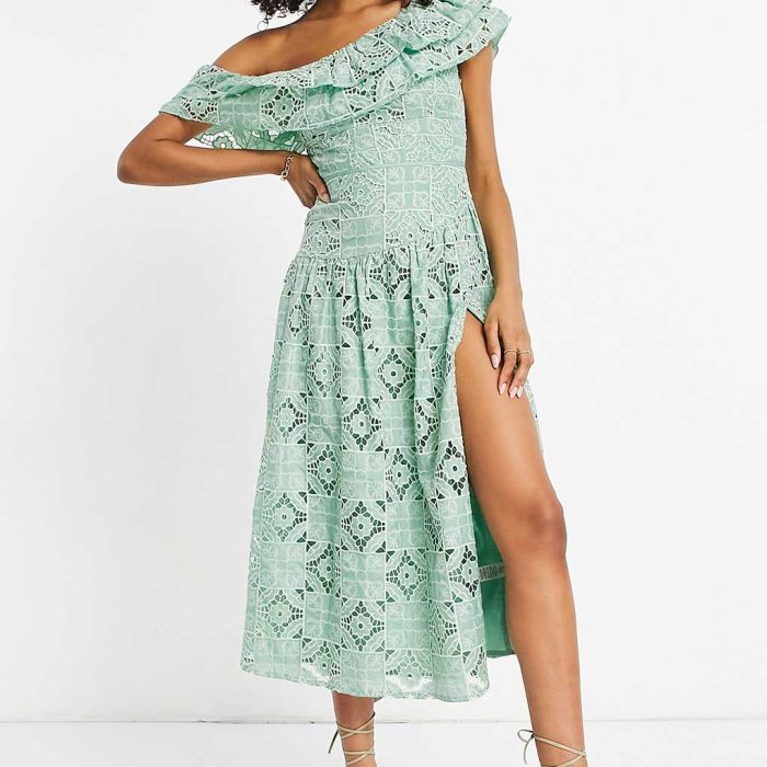 ASOS DESIGN one shoulder midi dress in sage