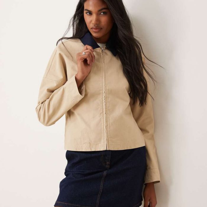 ASOS DESIGN jacket with contrast collar in stone