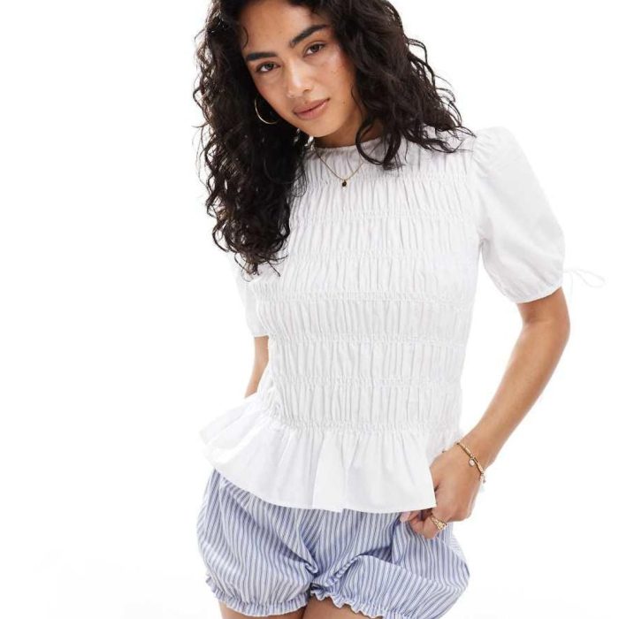 ASOS DESIGN puff sleeve top with shirring