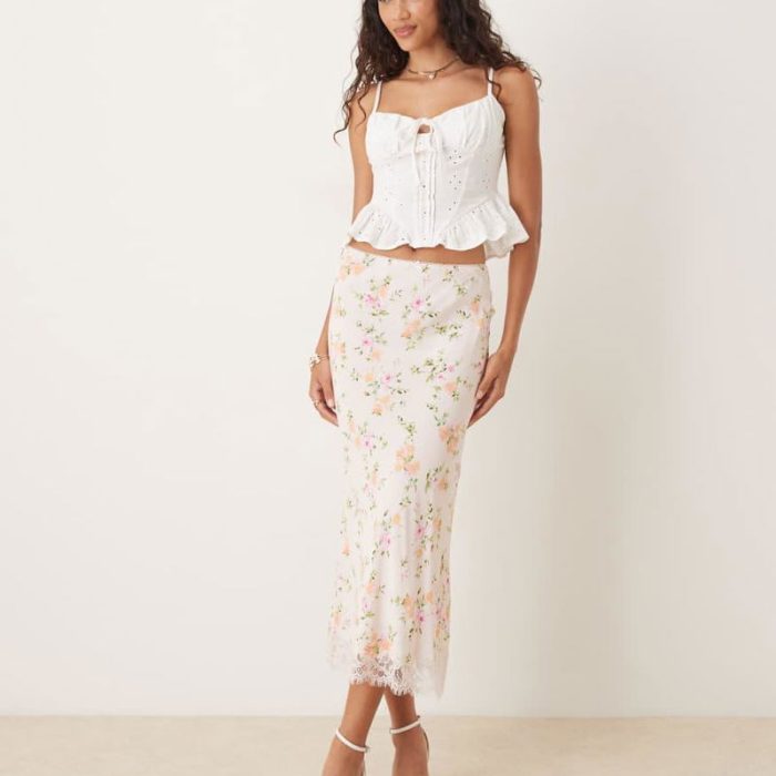 Mango lace trim maxi skirt in pink floral