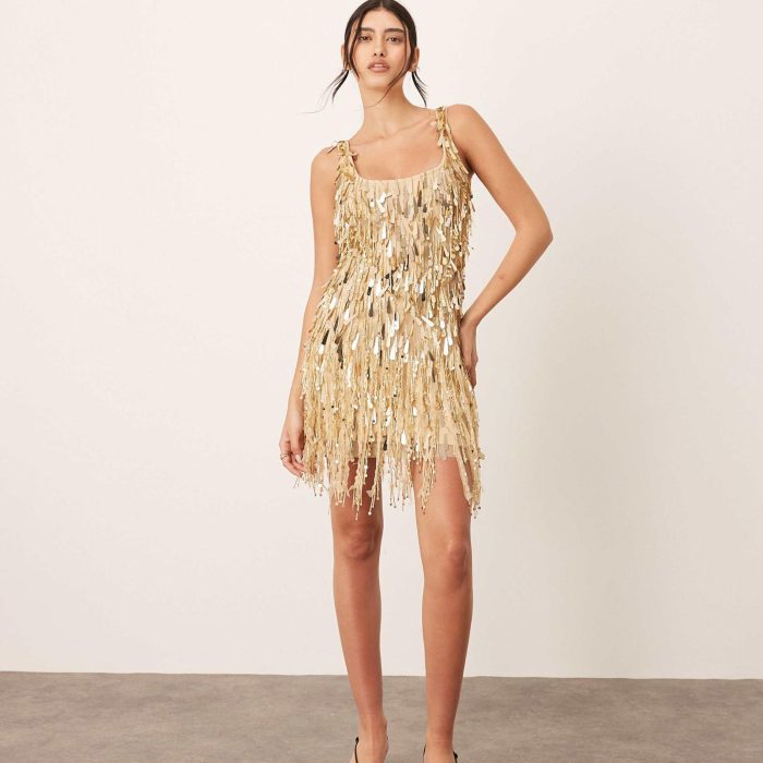ARRANGE embellished fringe hem scoop neck mini