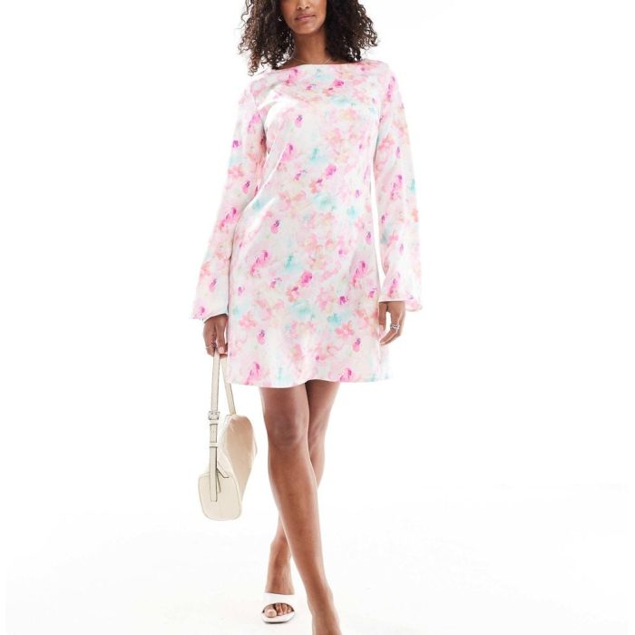 Vero Moda bell sleeve satin mini dress in blossom pink