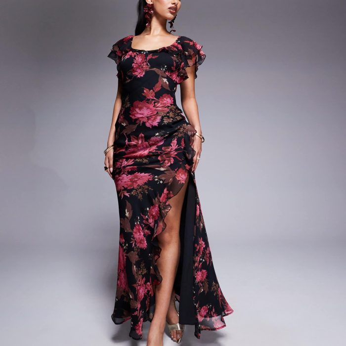 ASOS DESIGN ruffle flutter sleeve maxi dress with side