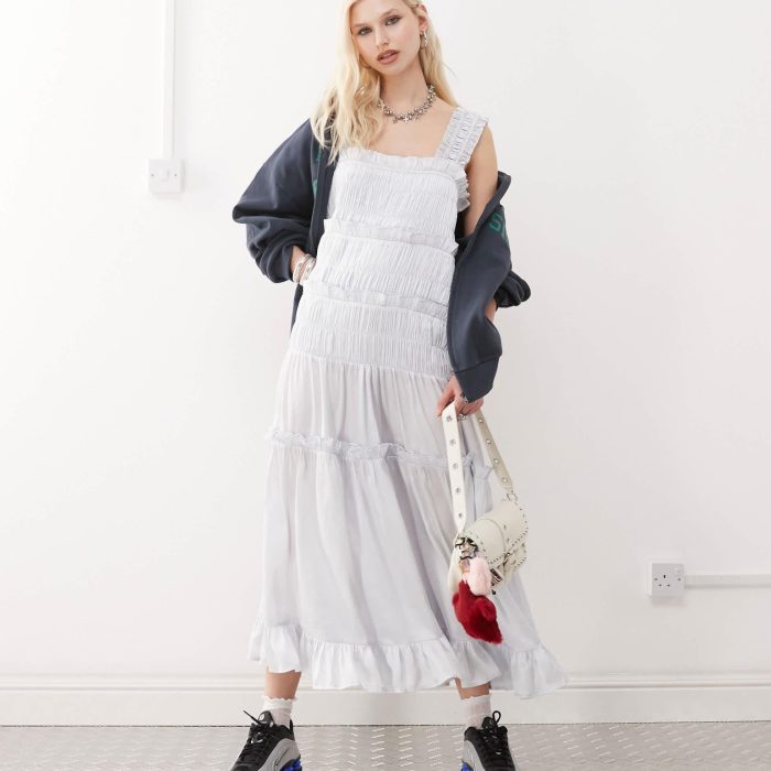 COLLUSION satin tiered maxi dress in light blue