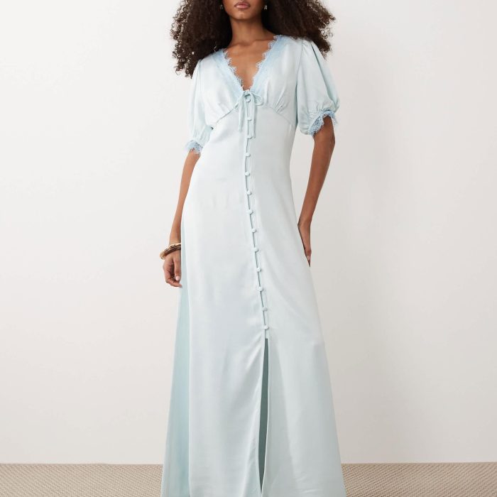 Miss Selfridge satin lace mix maxi slip dress in light