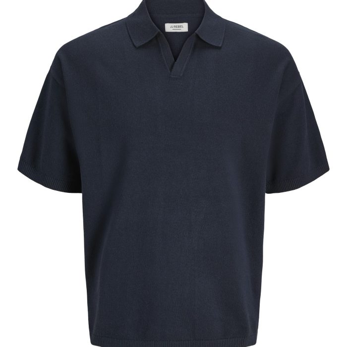 JJ Rebel knitted split neck polo in navy