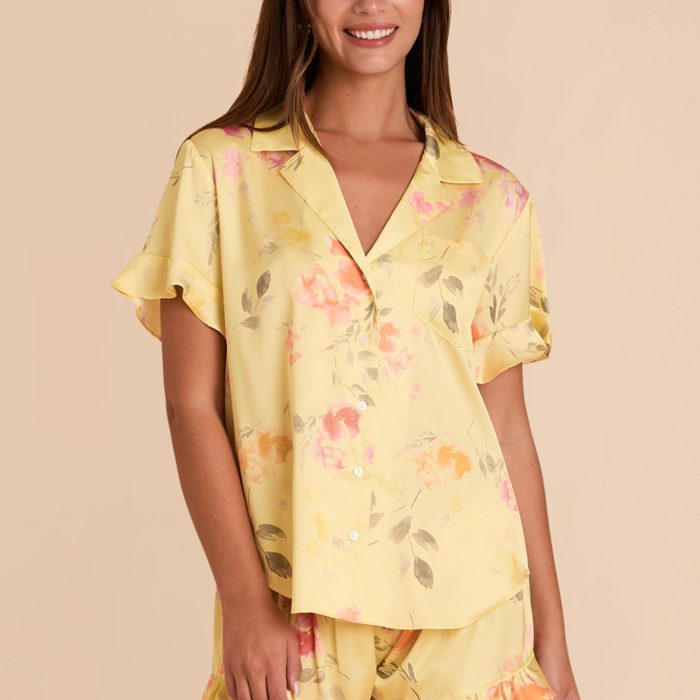 River Island embroidered floral nightwear set in yellow