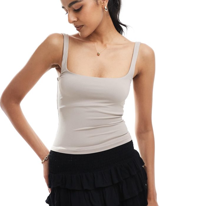 Bershka shaping square neck cami top in taupe