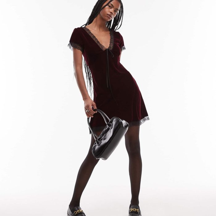 Topshop velvet tea dress mini with lace edge trim